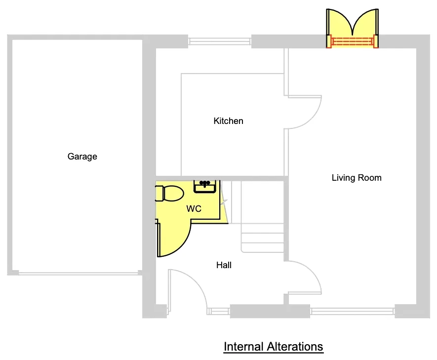 Proposed floor plan after an internal alteration, with a new WC and reconfigured layout highlighted