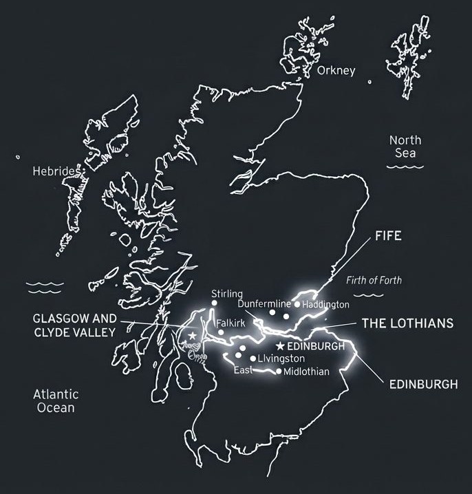 Line-drawn map of Scotland highlighting Edinburgh, the Lothians and Fife